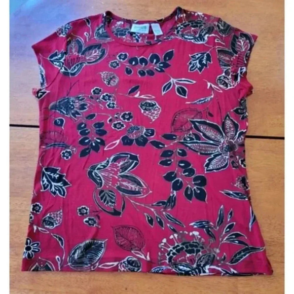 Chicos Travelers Red & Black Floral Print Top Size 2 Womens L Made in USA - Picture 1 of 9